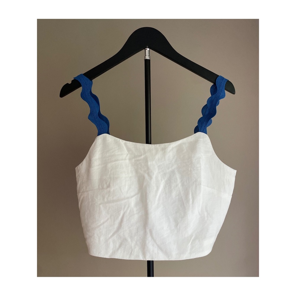 White Crop Top Women's Medium PrettyGarden Blue Straps Coastal Coquette NWT New